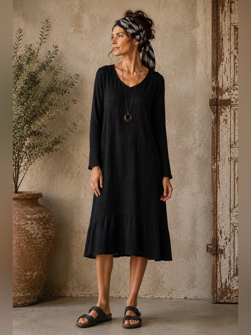 Soft Surroundings Mirabella Moroccan Tunic Dress Lagenlook Black Tiered Boho M
